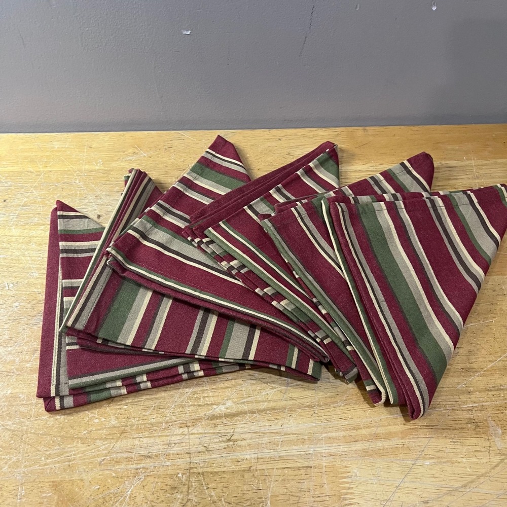 Park Designs Striped Cotton Napkins Set‎ of 6 Burgundy Green Tan 18x18